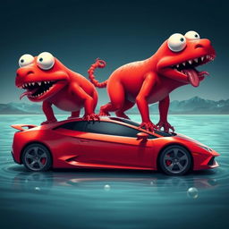 A surreal digital illustration featuring two red creatures with large, expressive eyes and sharp teeth, standing on top of a vibrant red sports car