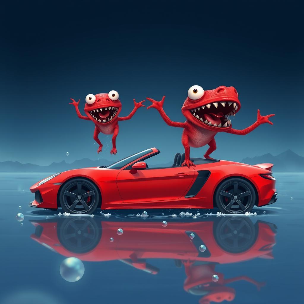 A surreal digital illustration featuring two red creatures with large, expressive eyes and sharp teeth, standing on top of a vibrant red sports car