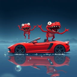 A surreal digital illustration featuring two red creatures with large, expressive eyes and sharp teeth, standing on top of a vibrant red sports car