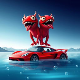 A surreal digital illustration featuring two red creatures with large, expressive eyes and sharp teeth, standing on top of a vibrant red sports car