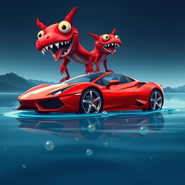 A surreal digital illustration featuring two red creatures with large, expressive eyes and sharp teeth, standing on top of a vibrant red sports car