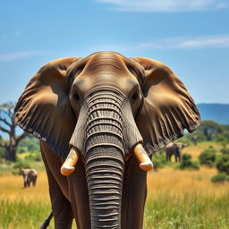 A large, majestic elephant with elongated tusks and strikingly large eyes, showcasing intricate details in its skin texture and expressions that convey wisdom and strength