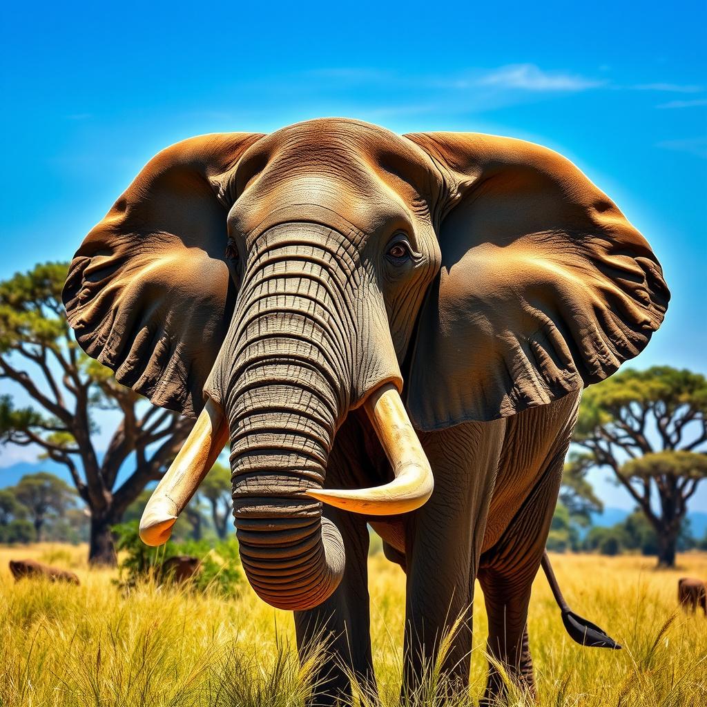 A large, majestic elephant with elongated tusks and strikingly large eyes, showcasing intricate details in its skin texture and expressions that convey wisdom and strength