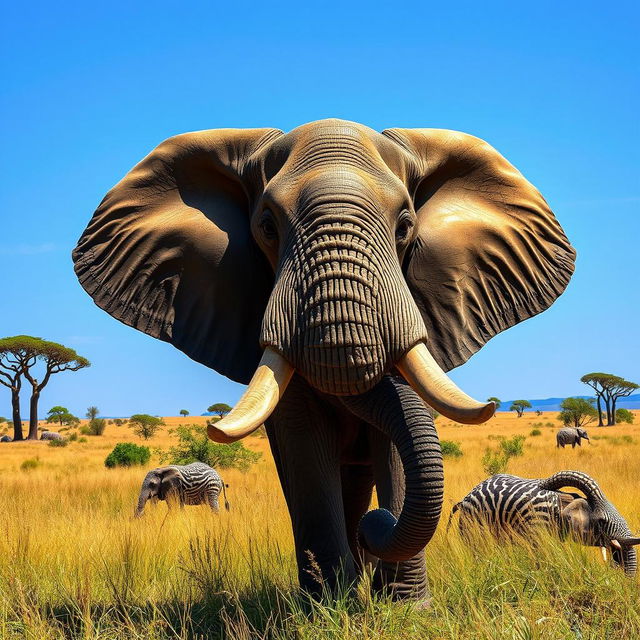 A large, majestic elephant with elongated tusks and strikingly large eyes, showcasing intricate details in its skin texture and expressions that convey wisdom and strength