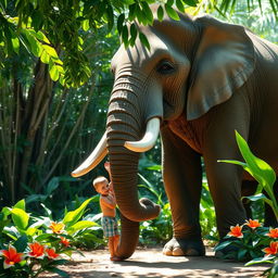 A large elephant with long tusks stands majestically in a lush green jungle, its intelligent eyes looking gently at a young boy beside it