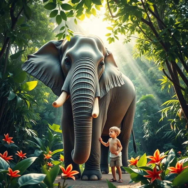 A large elephant with long tusks stands majestically in a lush green jungle, its intelligent eyes looking gently at a young boy beside it