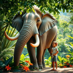 A large elephant with long tusks stands majestically in a lush green jungle, its intelligent eyes looking gently at a young boy beside it