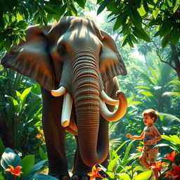 A large elephant with long tusks stands majestically in a lush green jungle, its intelligent eyes looking gently at a young boy beside it