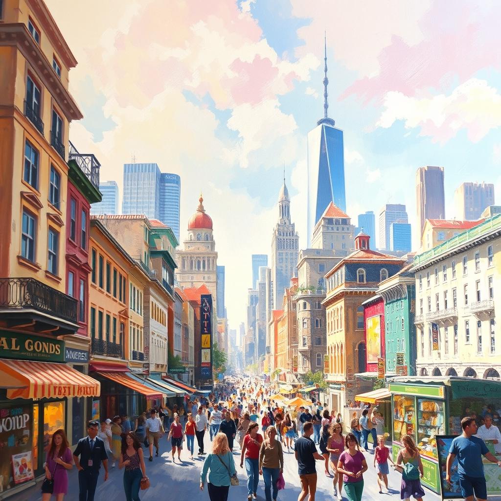 An impressionist painting depicting a vibrant and bustling cityscape, filled with lively streets, colorful shops, and people engaging in various activities