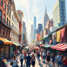 An impressionist painting depicting a vibrant and bustling cityscape, filled with lively streets, colorful shops, and people engaging in various activities