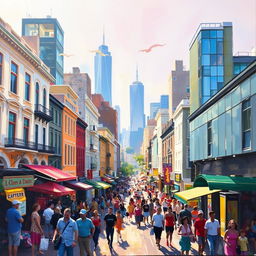 An impressionist painting depicting a vibrant and bustling cityscape, filled with lively streets, colorful shops, and people engaging in various activities
