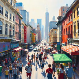 An impressionist painting depicting a vibrant and bustling cityscape, filled with lively streets, colorful shops, and people engaging in various activities
