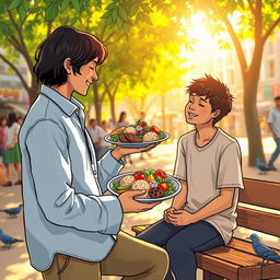 A compassionate scene depicting a person feeding a hungry individual