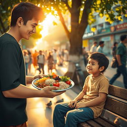 A compassionate scene depicting a person feeding a hungry individual