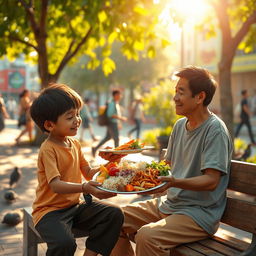 A compassionate scene depicting a person feeding a hungry individual