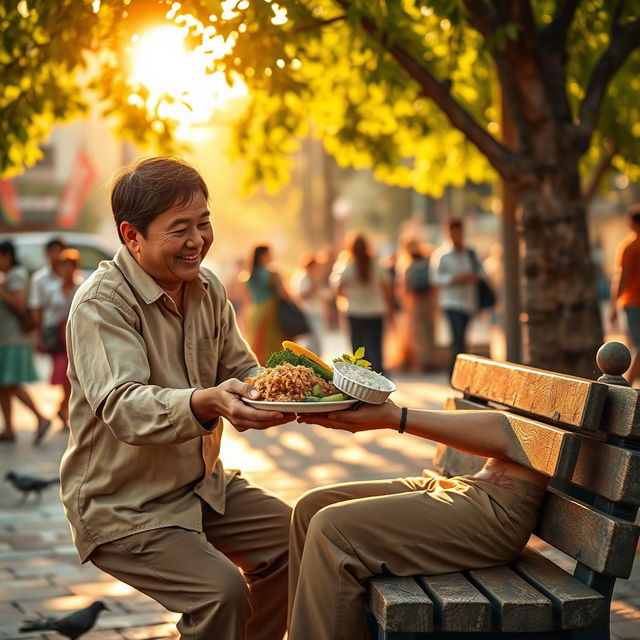 A compassionate scene depicting a person feeding a hungry individual