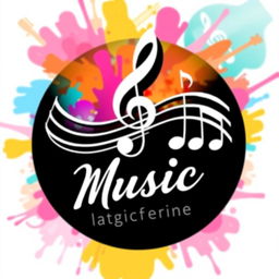 A vibrant and creative musical logo featuring bold musical notes intertwined with a treble clef, all set against a colorful abstract background