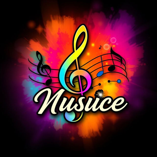 A vibrant and creative musical logo featuring bold musical notes intertwined with a treble clef, all set against a colorful abstract background