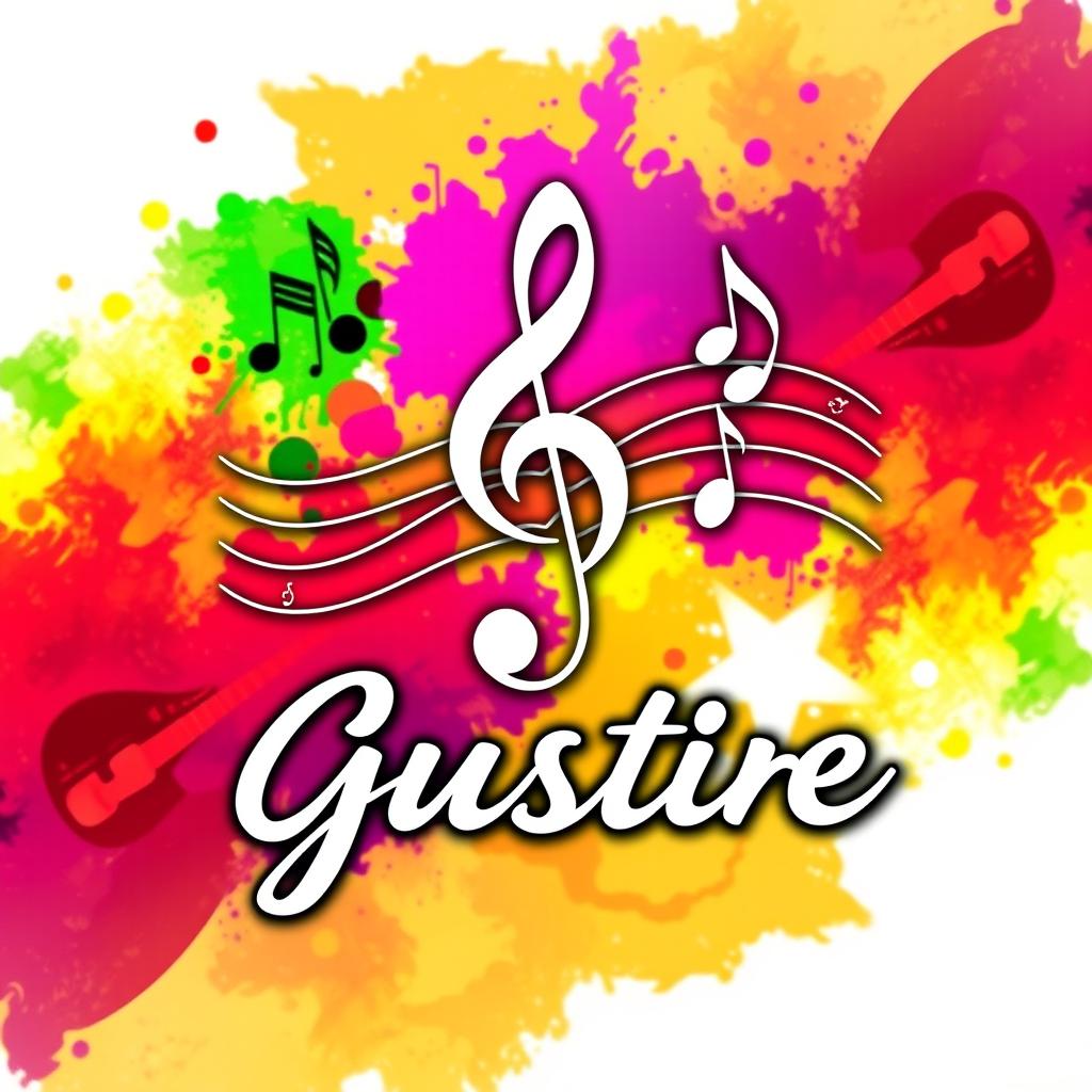 A vibrant and creative musical logo featuring bold musical notes intertwined with a treble clef, all set against a colorful abstract background