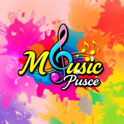 A vibrant and creative musical logo featuring bold musical notes intertwined with a treble clef, all set against a colorful abstract background