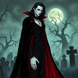 A striking vampire character design for a gothic novel cover, featuring a tall, elegant figure draped in a flowing black velvet cape with deep red accents