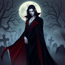 A striking vampire character design for a gothic novel cover, featuring a tall, elegant figure draped in a flowing black velvet cape with deep red accents