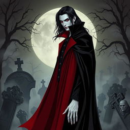A striking vampire character design for a gothic novel cover, featuring a tall, elegant figure draped in a flowing black velvet cape with deep red accents