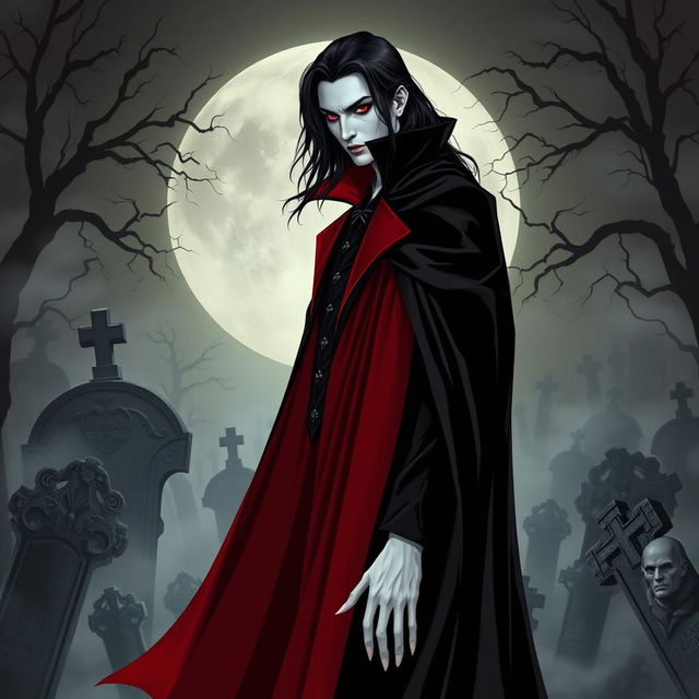 A striking vampire character design for a gothic novel cover, featuring a tall, elegant figure draped in a flowing black velvet cape with deep red accents