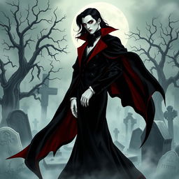 A striking vampire character design for a gothic novel cover, featuring a tall, elegant figure draped in a flowing black velvet cape with deep red accents