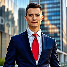 A well-dressed gentleman standing confidently in a modern urban setting