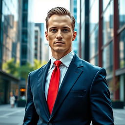 A well-dressed gentleman standing confidently in a modern urban setting