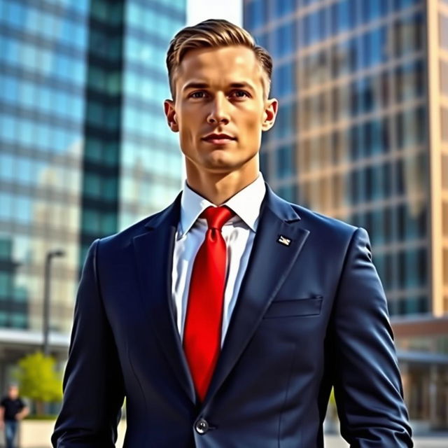 A well-dressed gentleman standing confidently in a modern urban setting