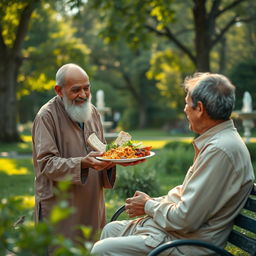 An elderly Muslim man compassionately feeding a hungry individual in a serene park setting