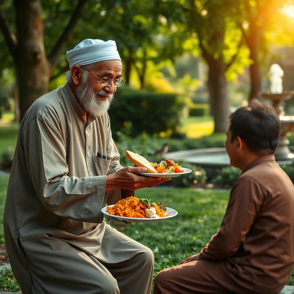 An elderly Muslim man compassionately feeding a hungry individual in a serene park setting