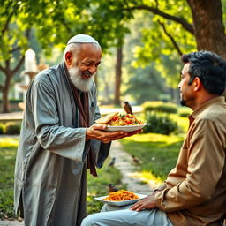 An elderly Muslim man compassionately feeding a hungry individual in a serene park setting