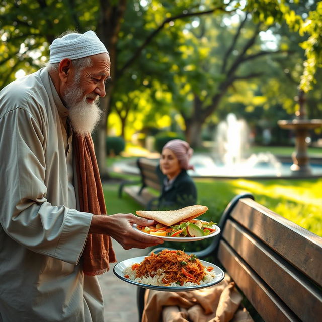 An elderly Muslim man compassionately feeding a hungry individual in a serene park setting