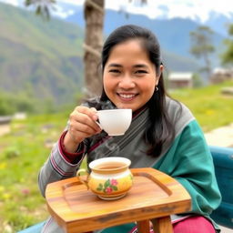 A Nepali person enjoying a cup of tea, wearing traditional Nepali attire such as a Daura Suruwal, sitting in a scenic outdoor setting