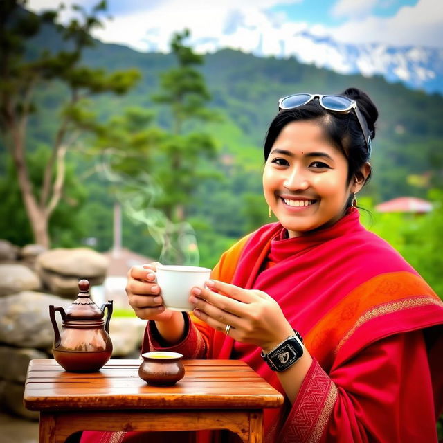 A Nepali person enjoying a cup of tea, wearing traditional Nepali attire such as a Daura Suruwal, sitting in a scenic outdoor setting