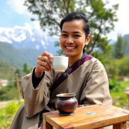 A Nepali person enjoying a cup of tea, wearing traditional Nepali attire such as a Daura Suruwal, sitting in a scenic outdoor setting