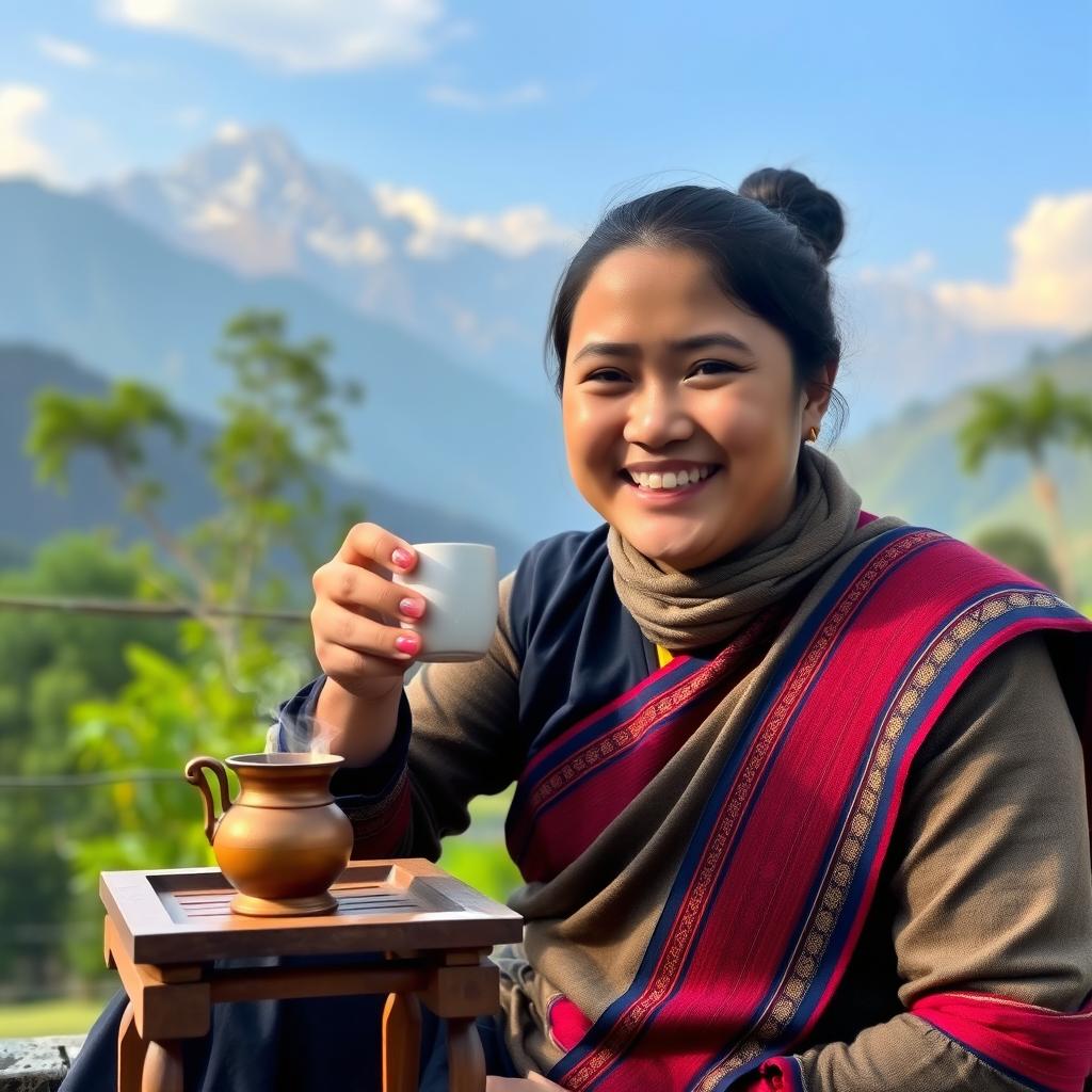 A Nepali person enjoying a cup of tea, wearing traditional Nepali attire such as a Daura Suruwal, sitting in a scenic outdoor setting