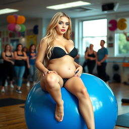A beautiful and curvy 18-year-old girl with long blonde hair, sitting gracefully on a large blue balloon during an exercise class