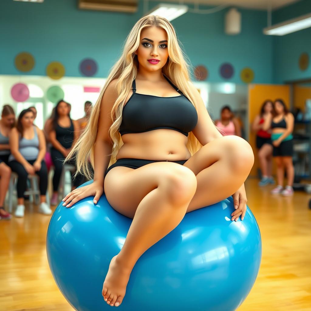 A beautiful and curvy 18-year-old girl with long blonde hair, sitting gracefully on a large blue balloon during an exercise class