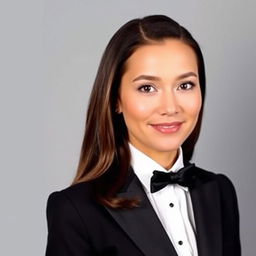 A passport photo of a woman in formal attire, elegantly dressed in a black tie