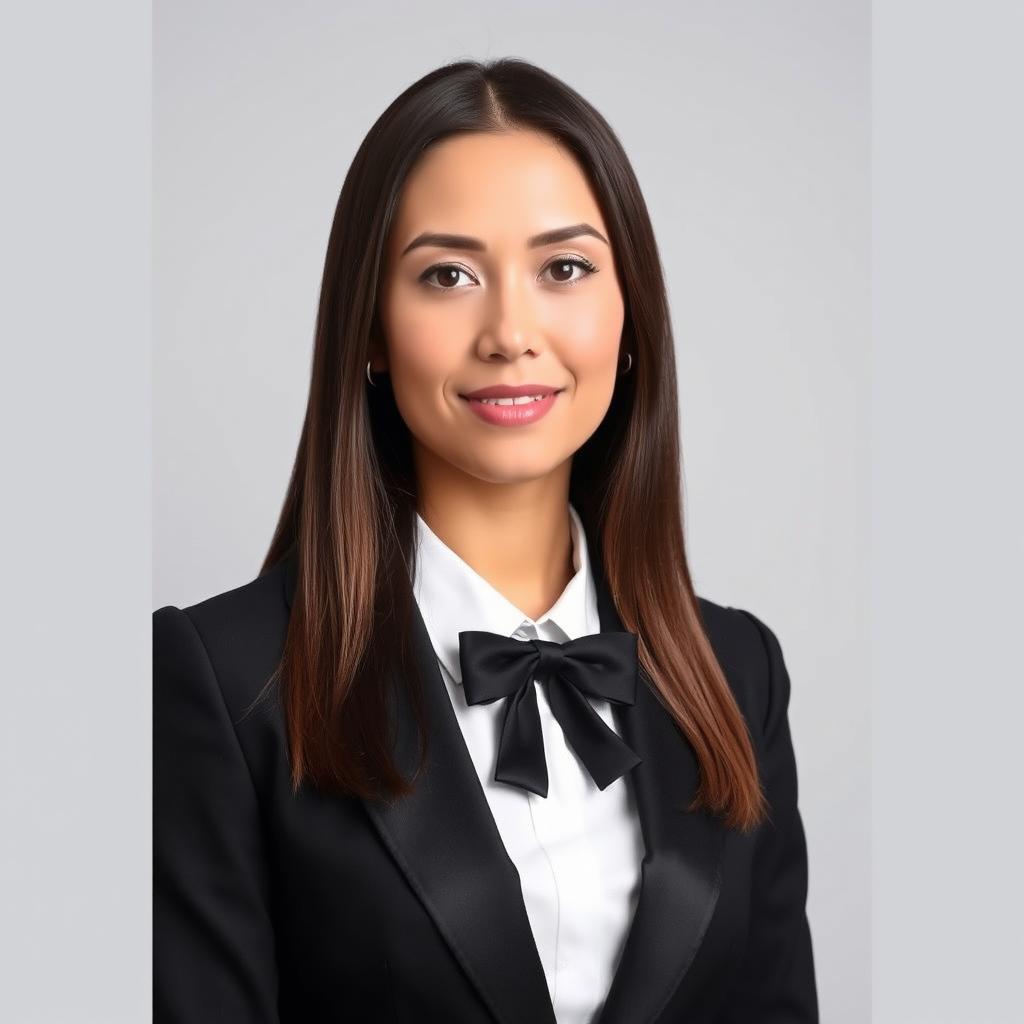 A passport photo of a woman in formal attire, elegantly dressed in a black tie