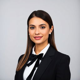 A passport photo of a woman in formal attire, elegantly dressed in a black tie