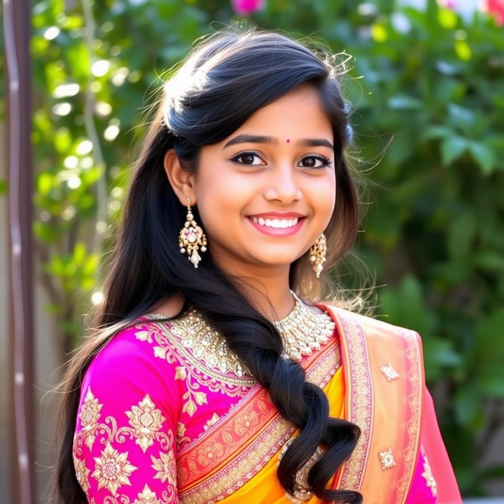 A beautiful young Desi girl wearing a traditional colorful lehenga, adorned with intricate embroidery and sparkling embellishments