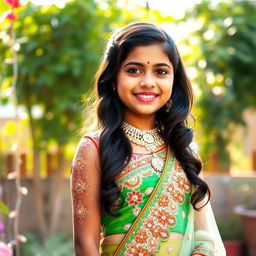 A beautiful young Desi girl wearing a traditional colorful lehenga, adorned with intricate embroidery and sparkling embellishments