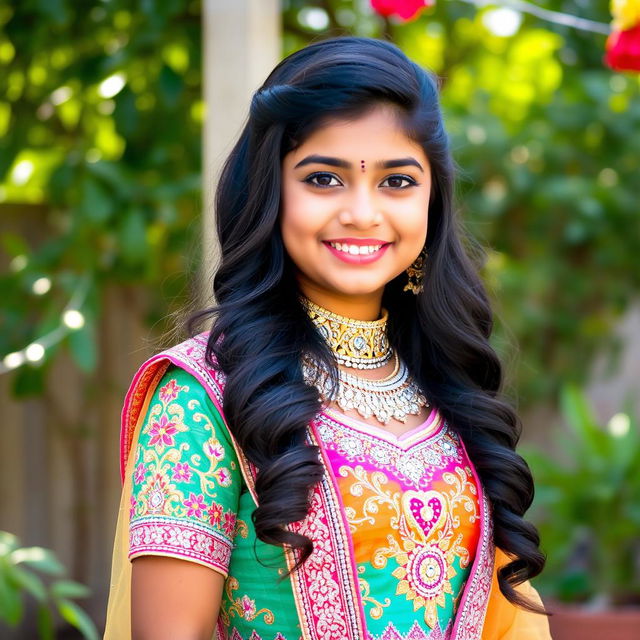 A beautiful young Desi girl wearing a traditional colorful lehenga, adorned with intricate embroidery and sparkling embellishments