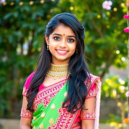 A beautiful young Desi girl wearing a traditional colorful lehenga, adorned with intricate embroidery and sparkling embellishments