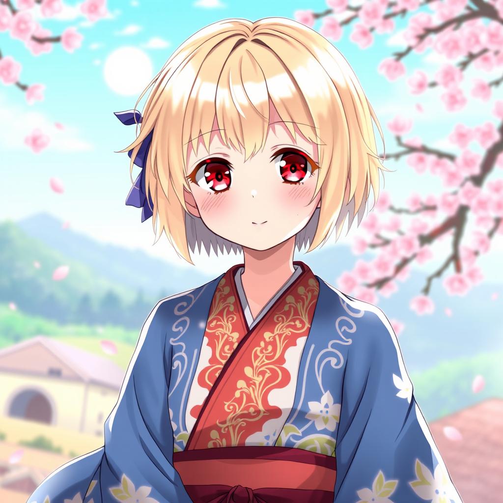 A young girl with short blonde hair and striking red eyes, displaying a tender smile